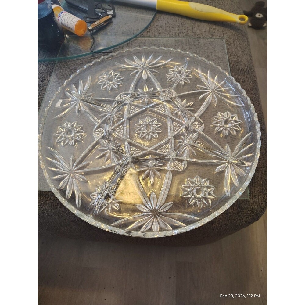 Vintage Clear Pressed Glass Serving Tray – Starburst Pattern – 12” Round